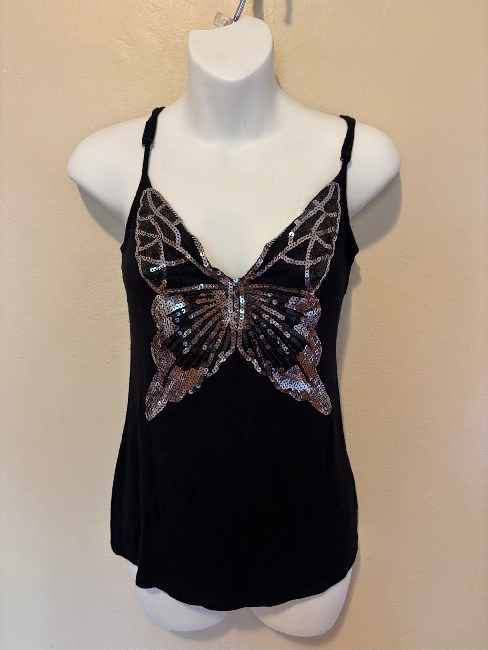 Studio Y Black Cami Top with Silver Butterfly Sequins